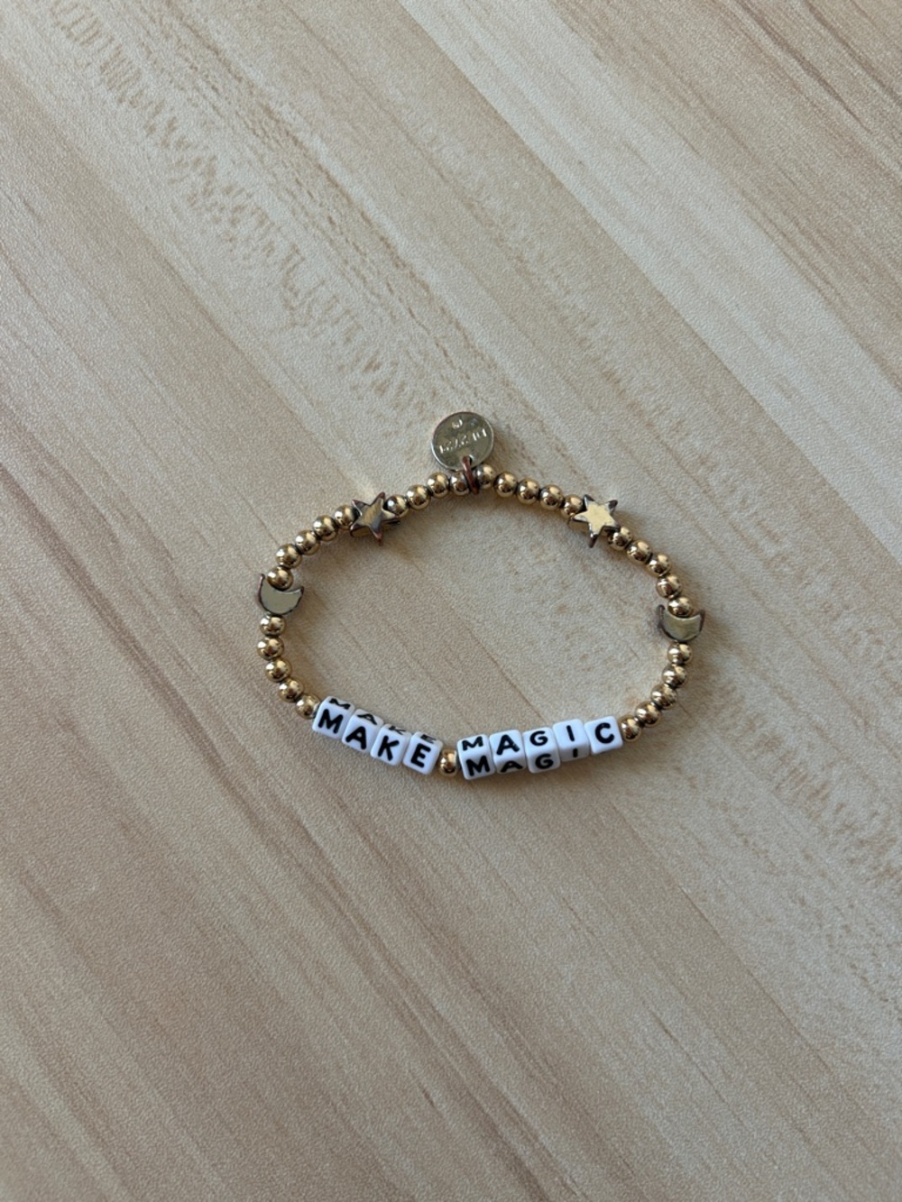 Gold Beaded "Make Magic" Stretch Bracelet with Star & Moon Accents